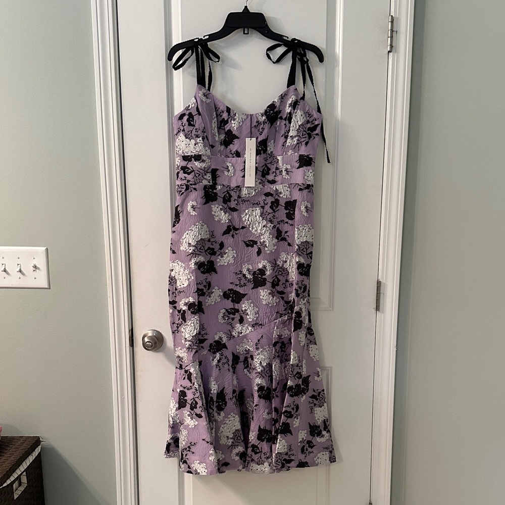 Monique Lhuillier Purple and Black Floral Midi Dress NWT